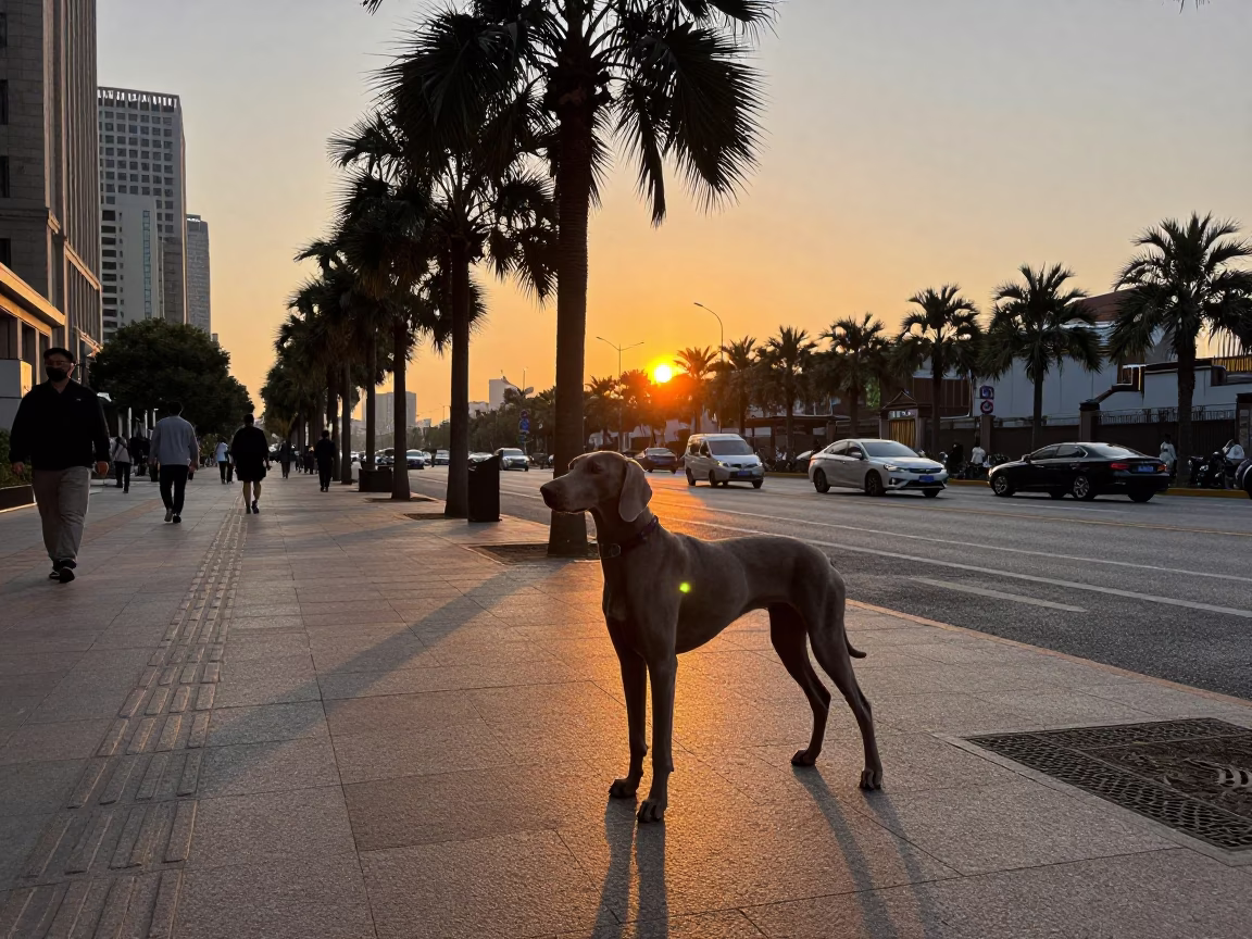 Shanghai Street Scene at Sunset with Weimaraner and Palm Trees in in Shanghai, China