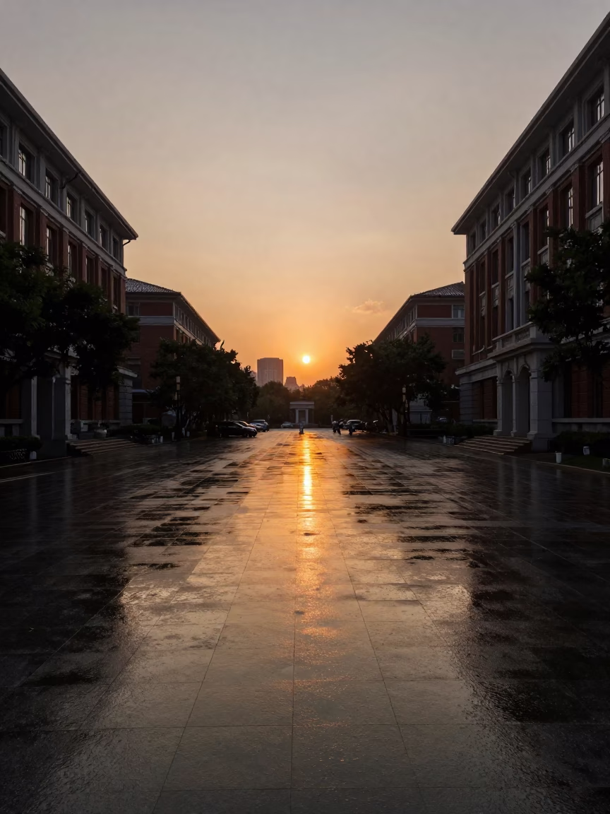 Shanghai Street Scene at Sunset with Wet Pavement and Brick Architecture in in Shanghai, China