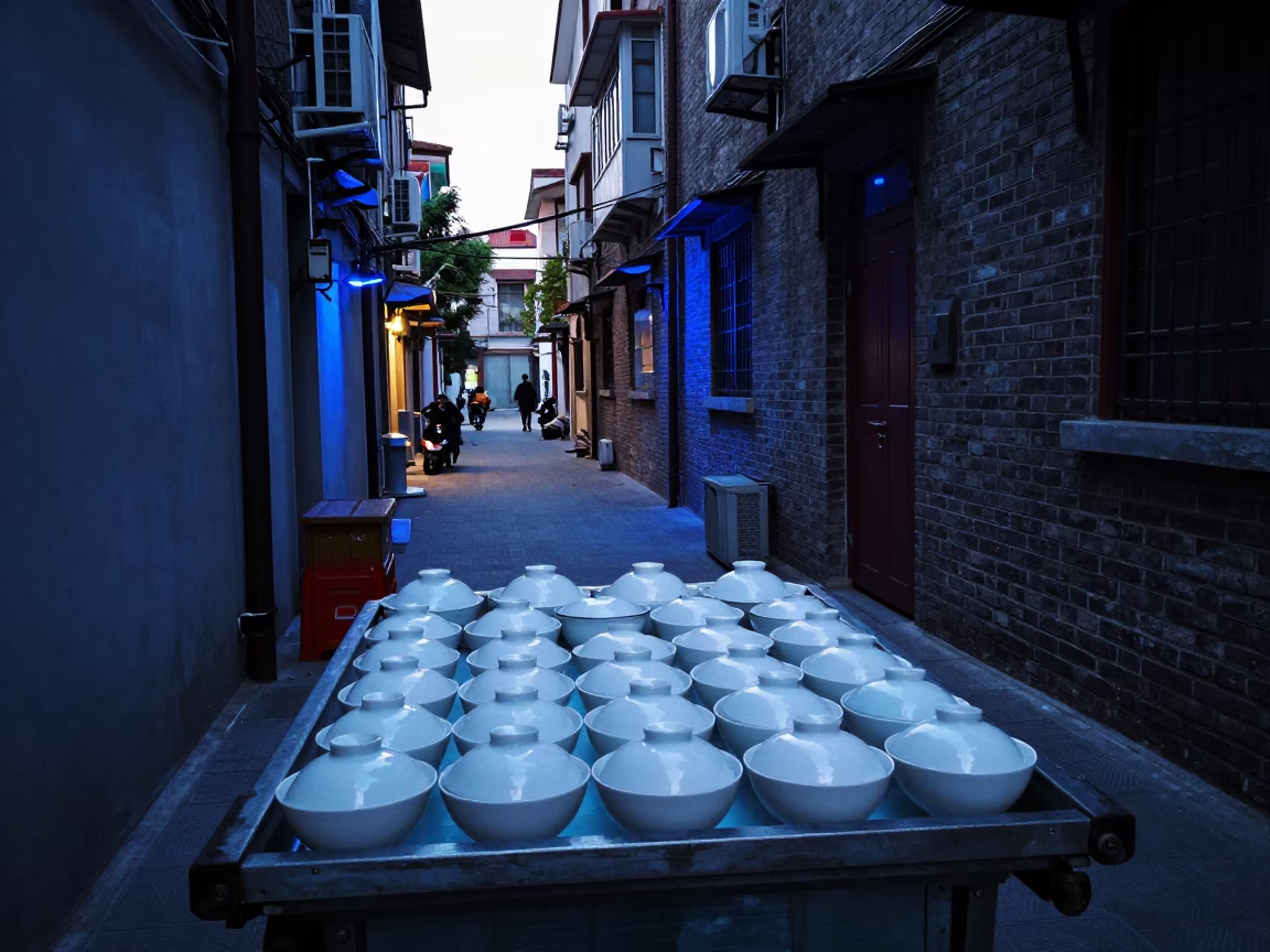 Shanghai Street Scene at The Last Blue Light Of Evening in in Shanghai, China