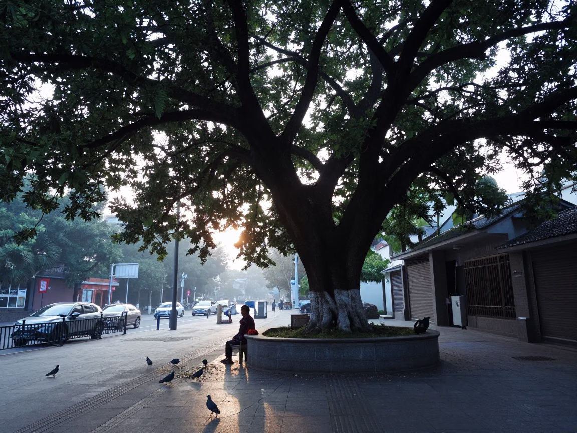 Shanghai Street Scene Before Dawn with Banyan Tree and Morning Commuters in in Shanghai, China