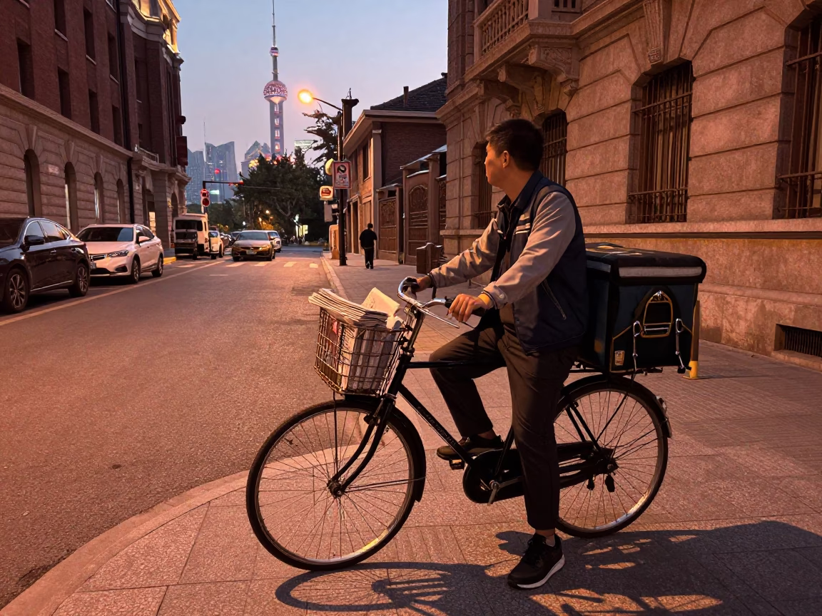 Shanghai Street Scene Before Dusk with Bicycle Basket and Valet Stand Reflections in in Shanghai, China