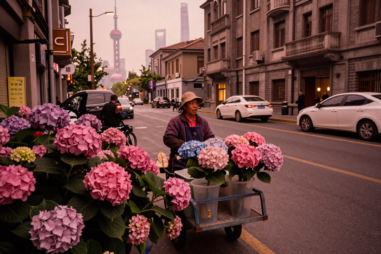 Shanghai Street Scene Before Dusk with Hydrangeas and Local Life in in Shanghai, China