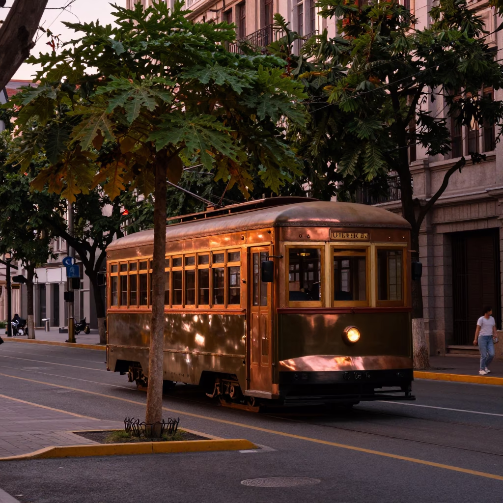 Shanghai Street Scene Before Dusk with Old Trolley and Papaya Tree in in Shanghai, China