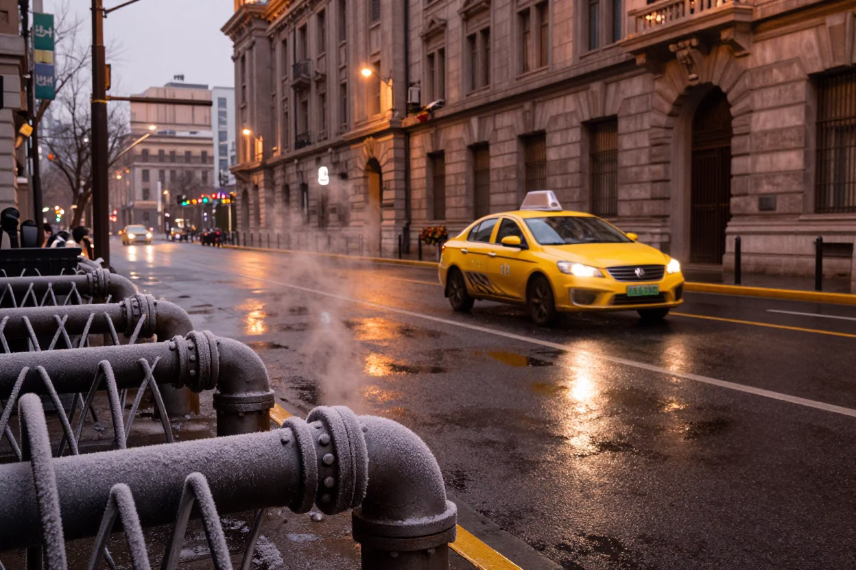 Shanghai Street Scene Before Dusk with Yellow Taxi and Steaming Heating Pipe in in Shanghai, China
