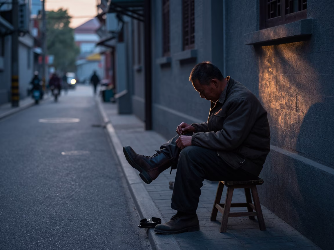 Shanghai street scene before sunrise with cobbler resoling boot at roadside bench in in Shanghai, China