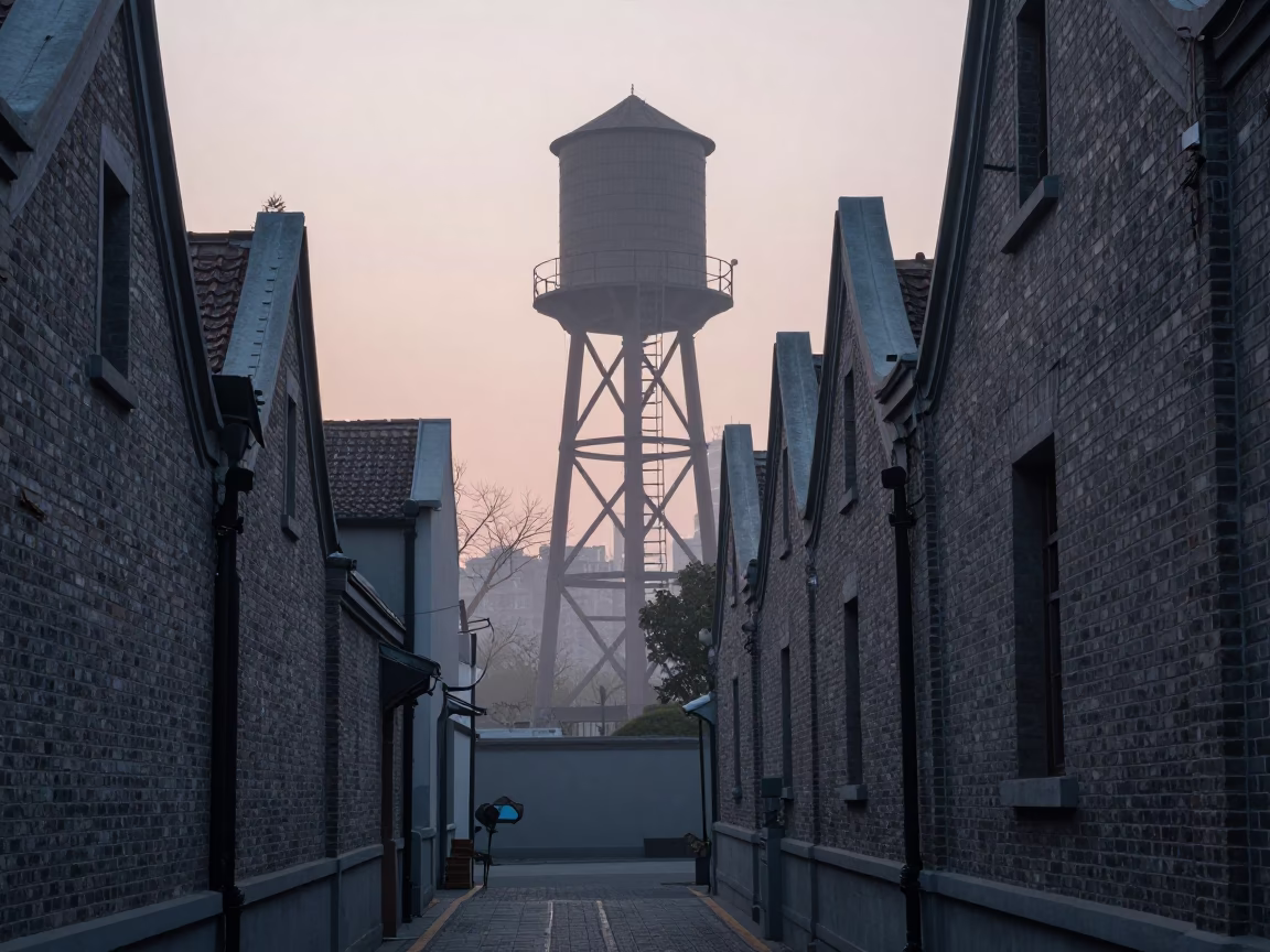 Shanghai Street Scene Before Sunrise with Water Tower Ladder and Morning Mist in in Shanghai, China