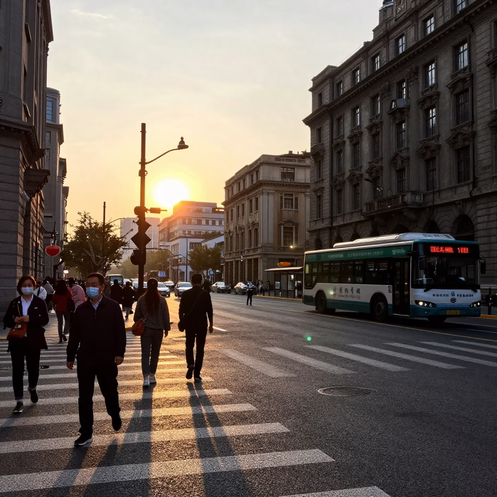 Shanghai Street Scene During Golden Hour Before Sunset with Local Life in in Shanghai, China