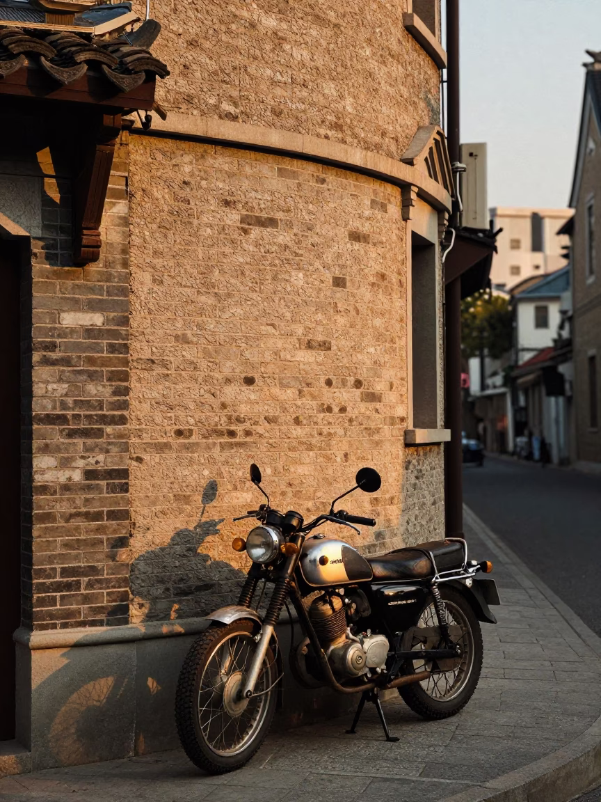 Shanghai street scene during golden hour with vintage motorcycle and traditional architecture in in Shanghai, China