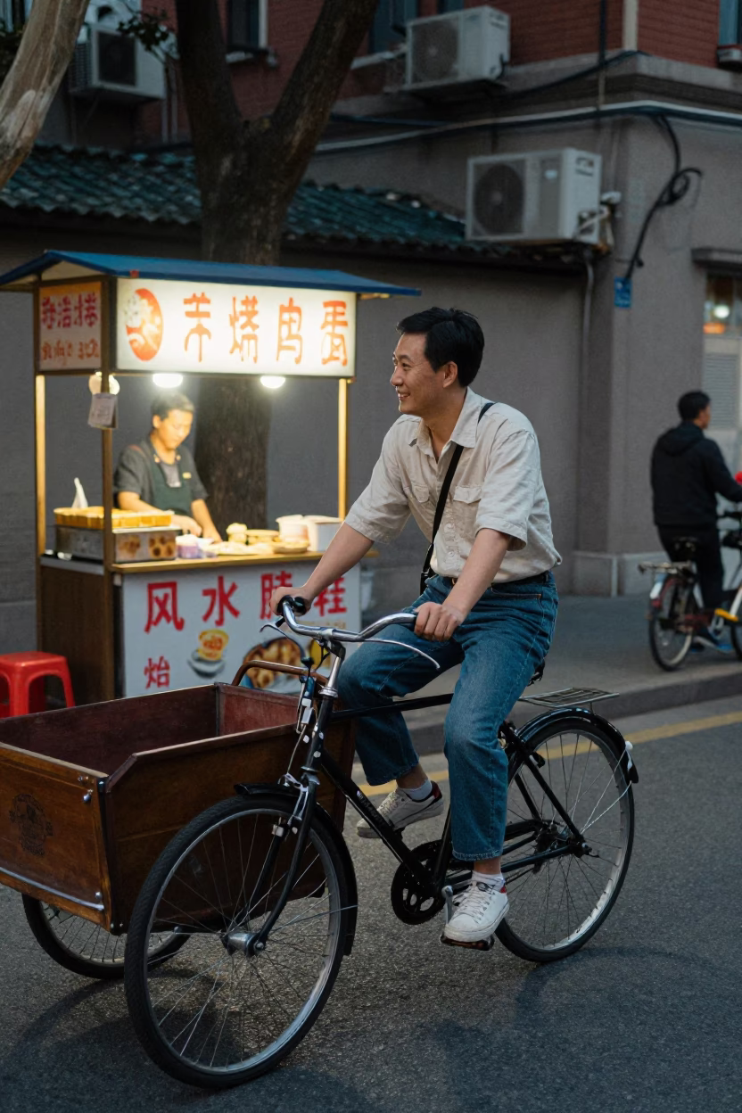 Shanghai street scene early evening with bicycle and local food vendors in in Shanghai, China