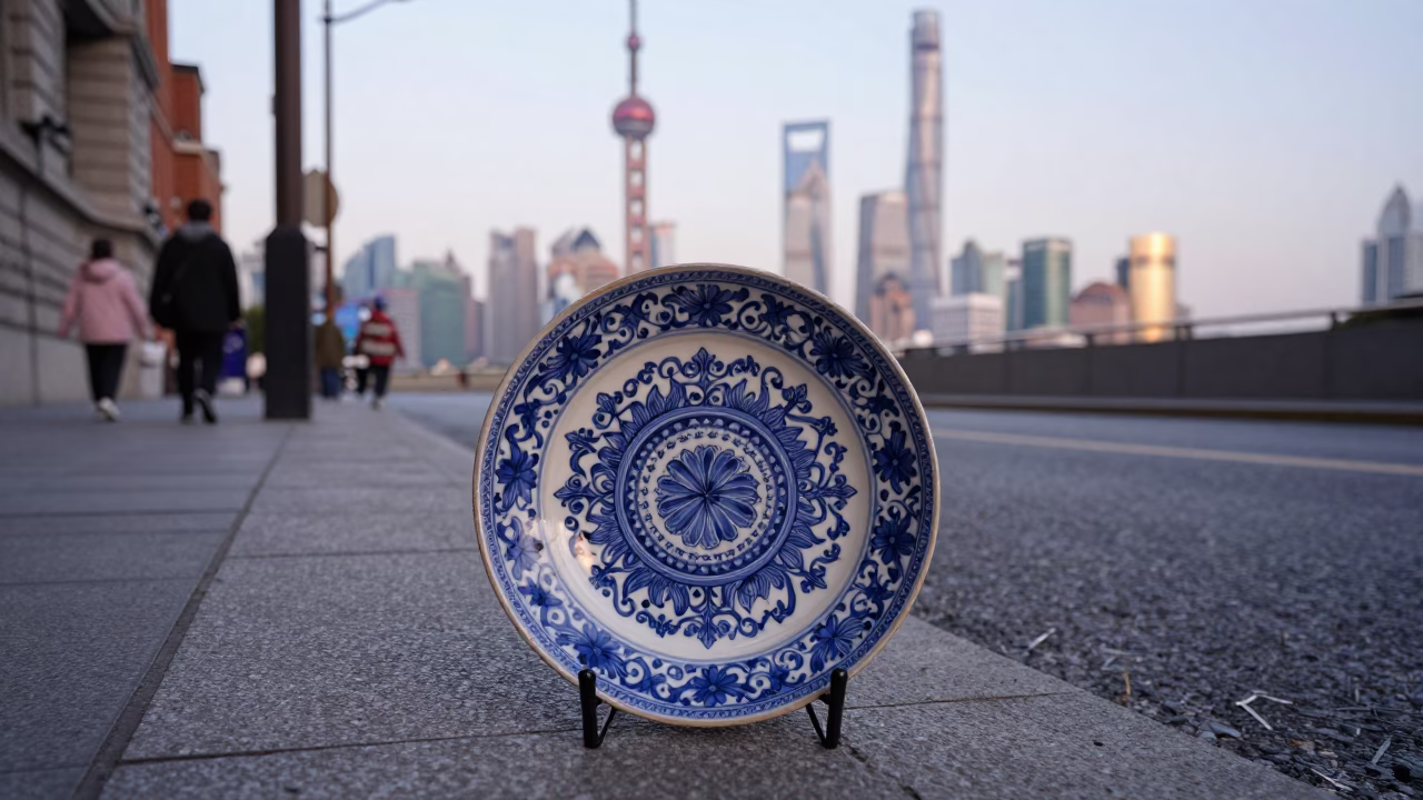 Shanghai Street Scene Early Evening with Vintage Majolica Plate and Linen Fringe Details in in Shanghai, China