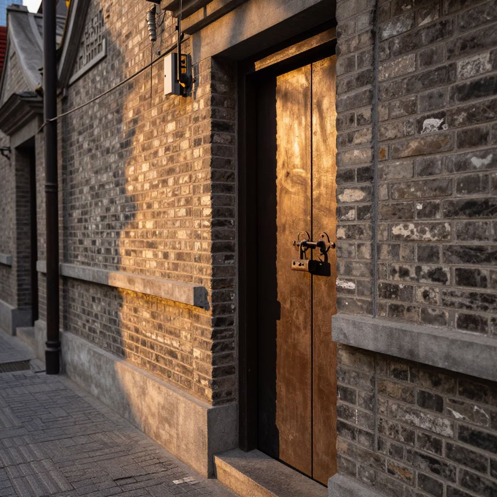 Shanghai Street Scene Honeyed Evening Light with Iron Deadbolt and Motorcycle in in Shanghai, China