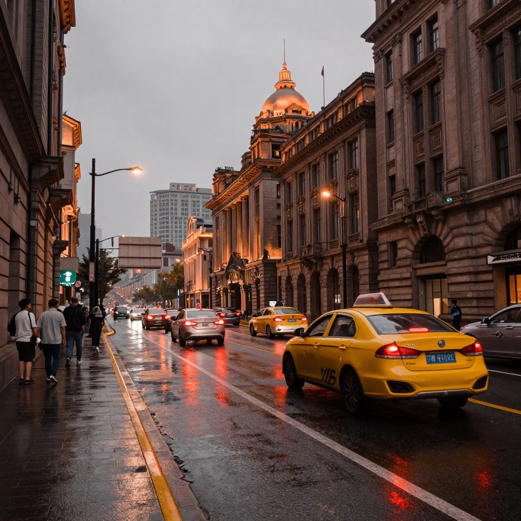 Shanghai Street Scene in Copper Toned Light Before Dusk with Yellow Taxi and Rain in in Shanghai, China
