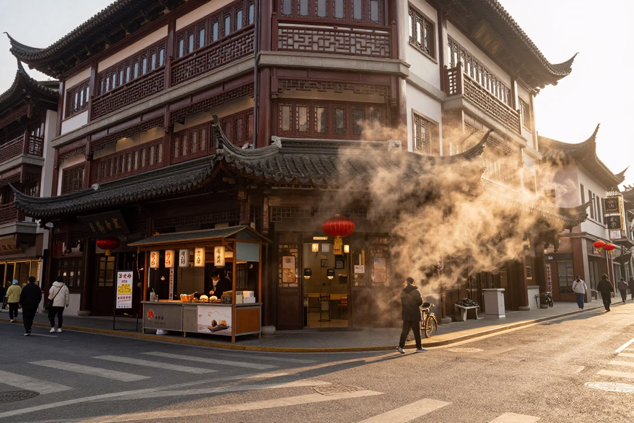 Shanghai Street Scene in Honeyed Evening Light with Steam Haze and Colorful Details in in Shanghai, China