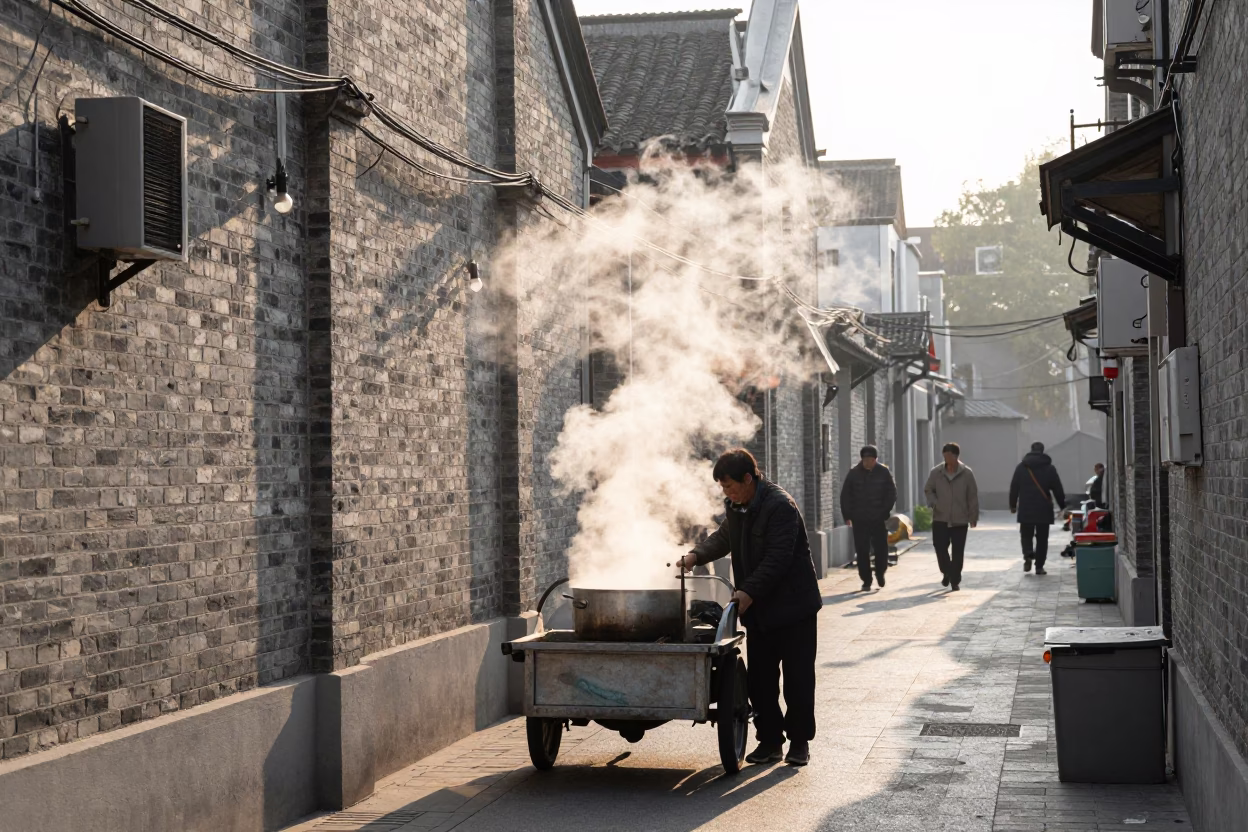 Shanghai street scene just after sunrise with steam and local morning routine in in Shanghai, China