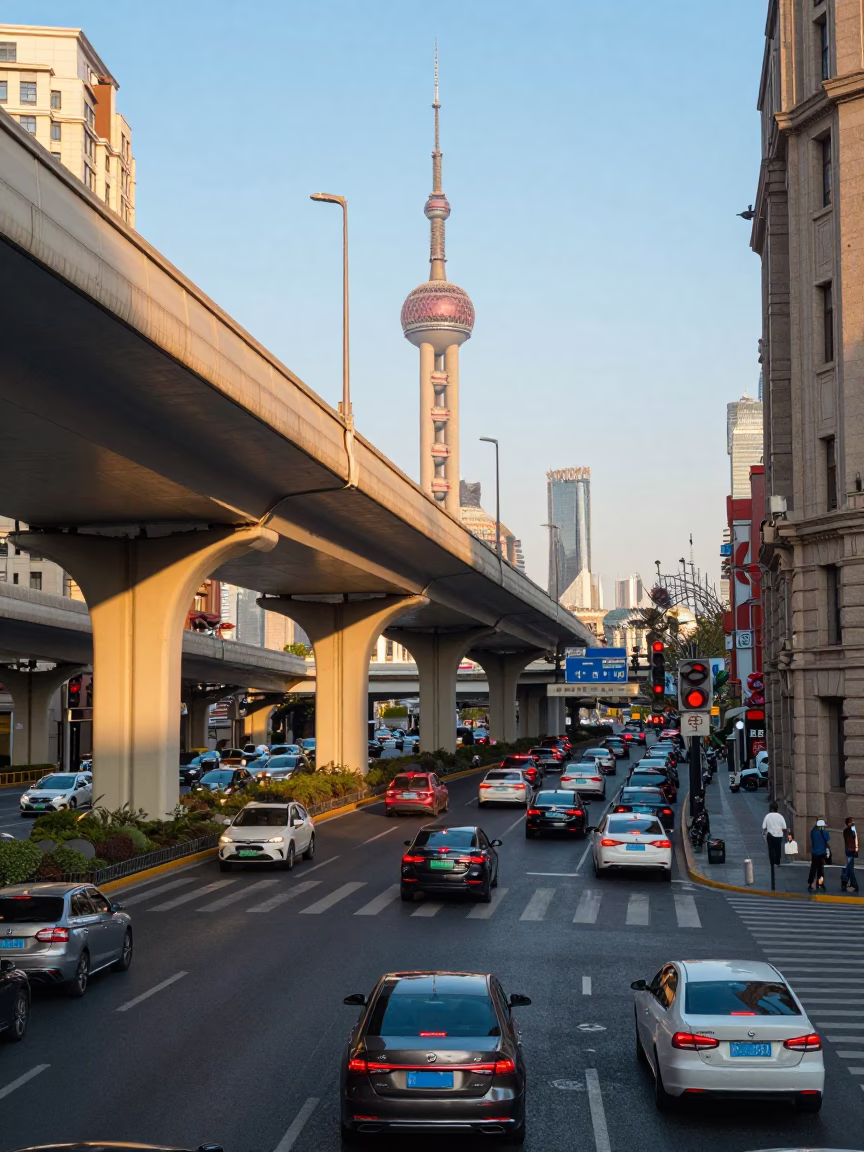 Shanghai Street Scene Late Afternoon Light with Overpass and Leaf Shadows in in Shanghai, China