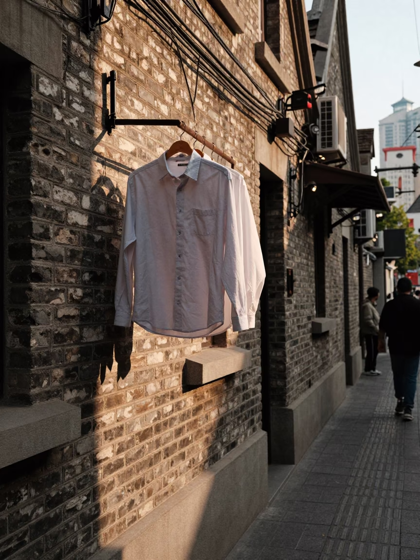 Shanghai Street Scene Late Afternoon with Shirt Hanger and Ceramic Pitcher in in Shanghai, China