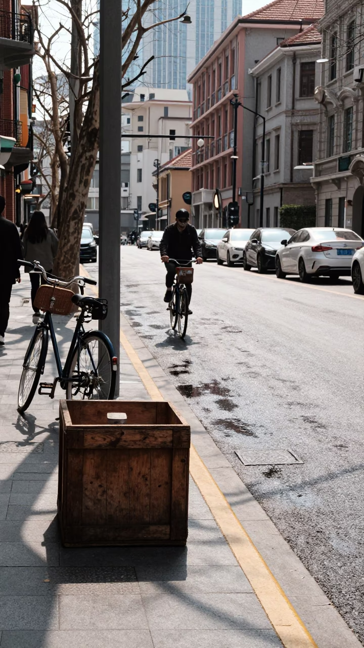Shanghai street scene under flat noon glare with bicycle and crate in urban setting in in Shanghai, China