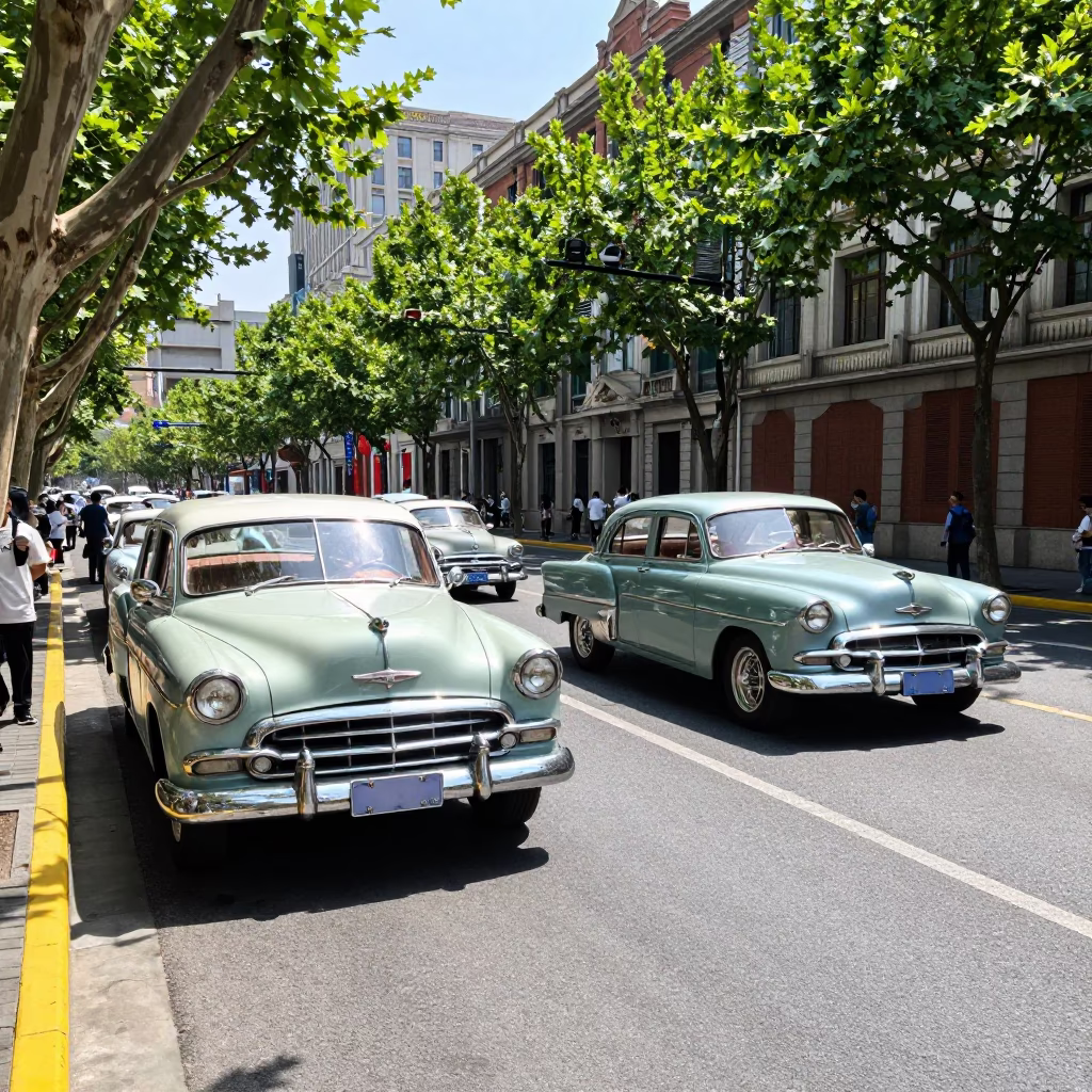 Shanghai street scene under flat noon glare with vintage car rally and fruit crate in in Shanghai, China