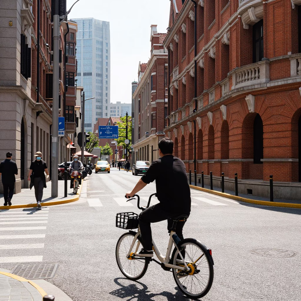 Shanghai street scene under noon glare with bicycle and tea tin in in Shanghai, China