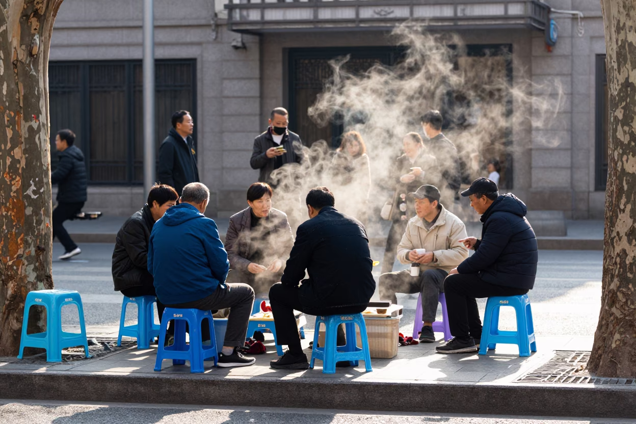 Shanghai Street Scene with Folding Stools and Steam Haze in Late Afternoon Light in in Shanghai, China