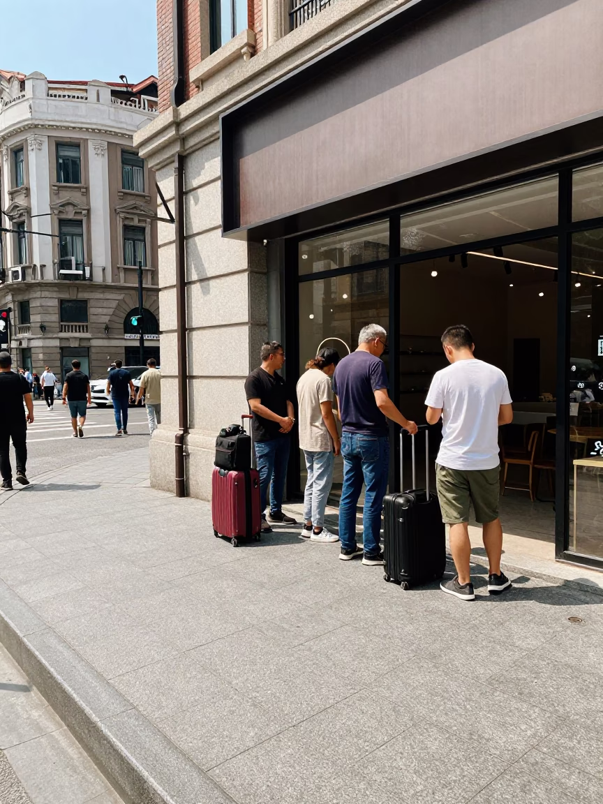 Shanghai street scene with luggage and local life under noon glare in in Shanghai, China