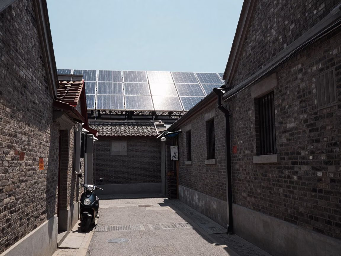 Shanghai street scene with solar array glinting in bright midmorning light in in Shanghai, China