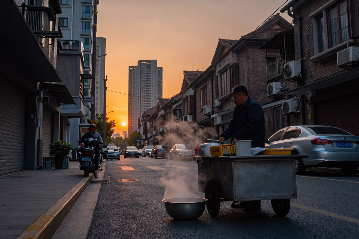 Shanghai Street Sunset Scene with Vendor Bowl and Condensation on Kettle Lid in in Shanghai, China