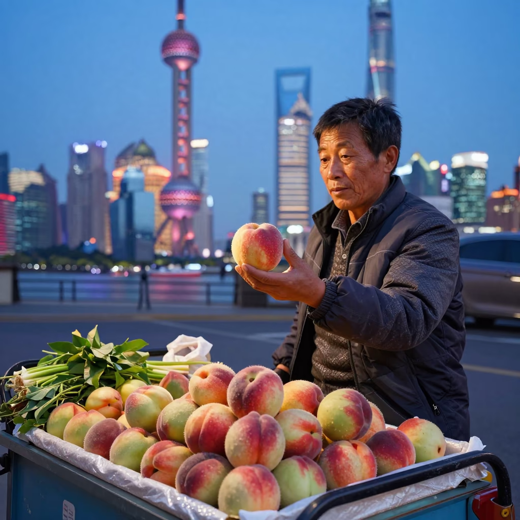 Shanghai Street Vendor at Blue Hour Selling Fresh Nectarines and Vegetables in in Shanghai, China