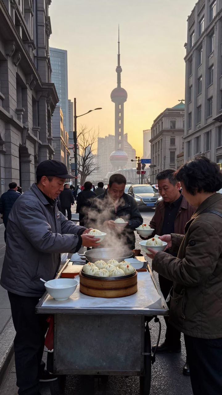 Shanghai street vendor at dawn selling steamed buns and ceramic bowls in 1960s China in in Shanghai, China
