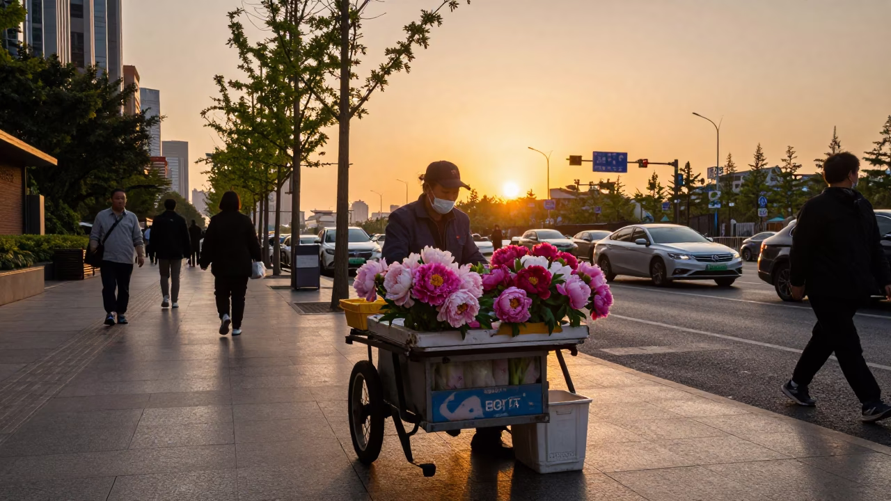 Shanghai Street Vendor at Sunset with Peonies and Tea Tins in in Shanghai, China