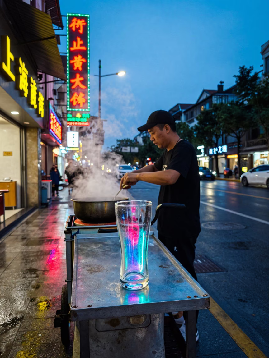 Shanghai street vendor blue hour neon glow glass tumbler and casual urban evening in in Shanghai, China