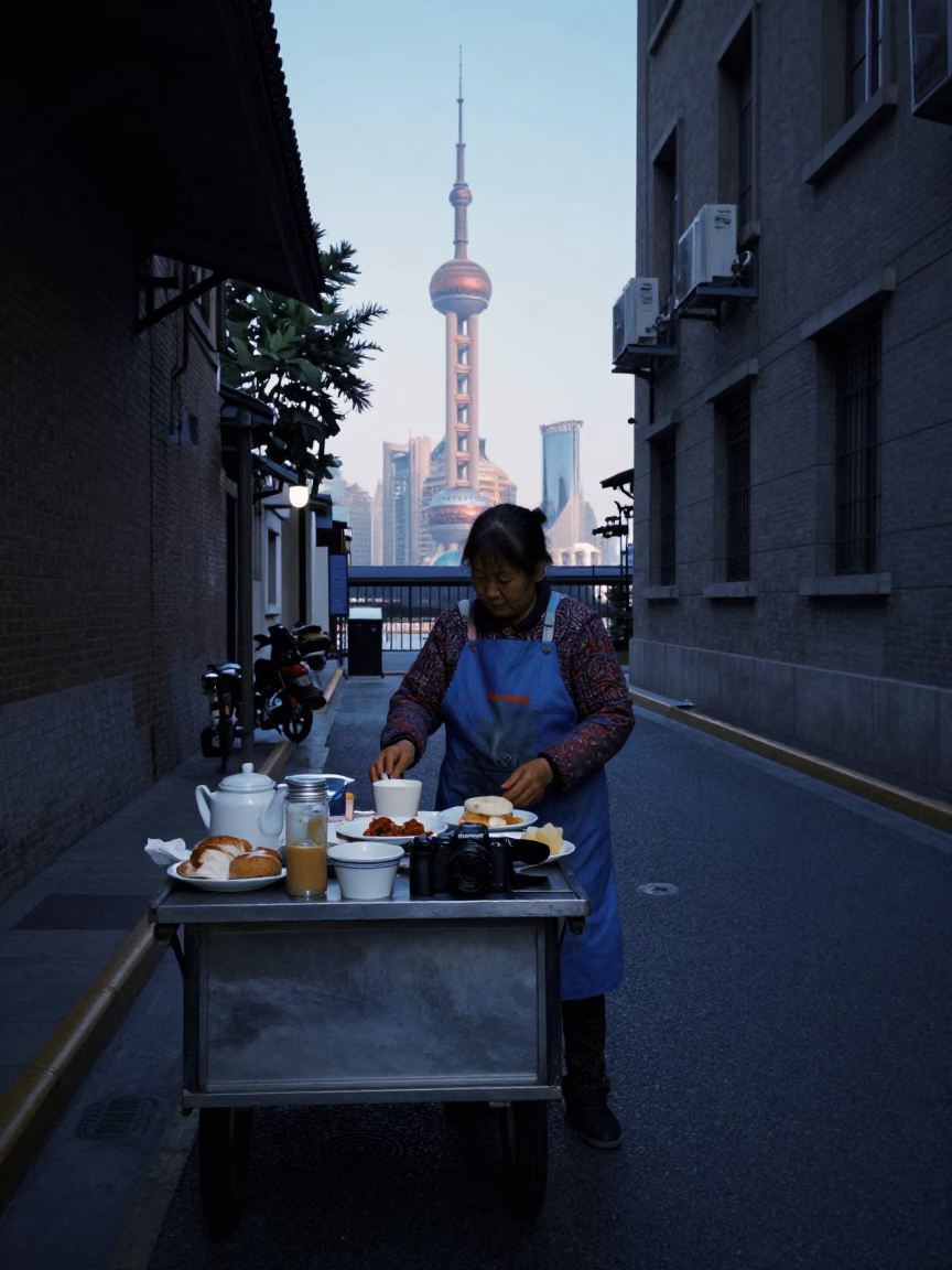 Shanghai Street Vendor Breakfast Stall Before Sunrise with Aprons and Mixing Bowl in in Shanghai, China