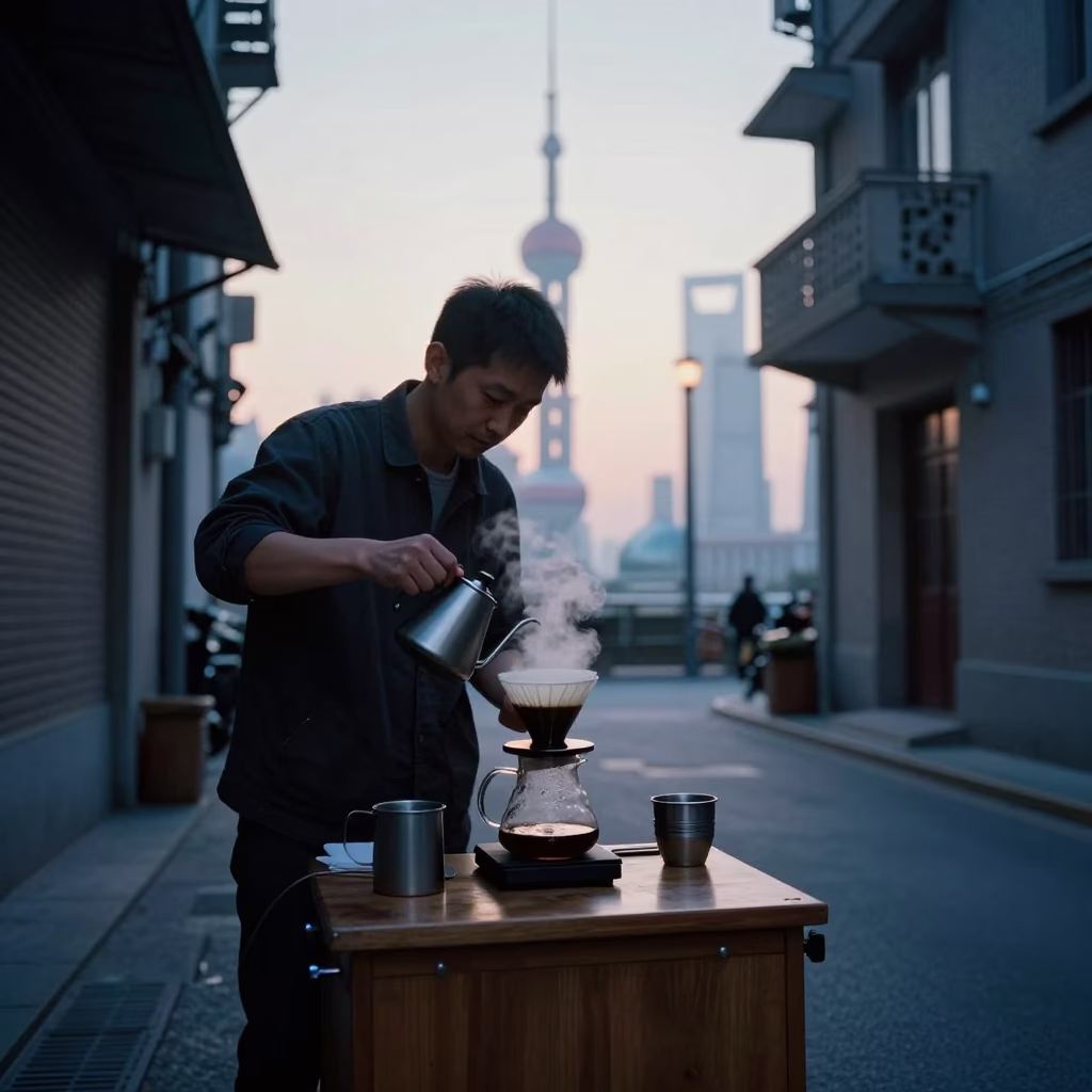 Shanghai Street Vendor Brewing Pour-Over Coffee Before Sunrise in China in in Shanghai, China