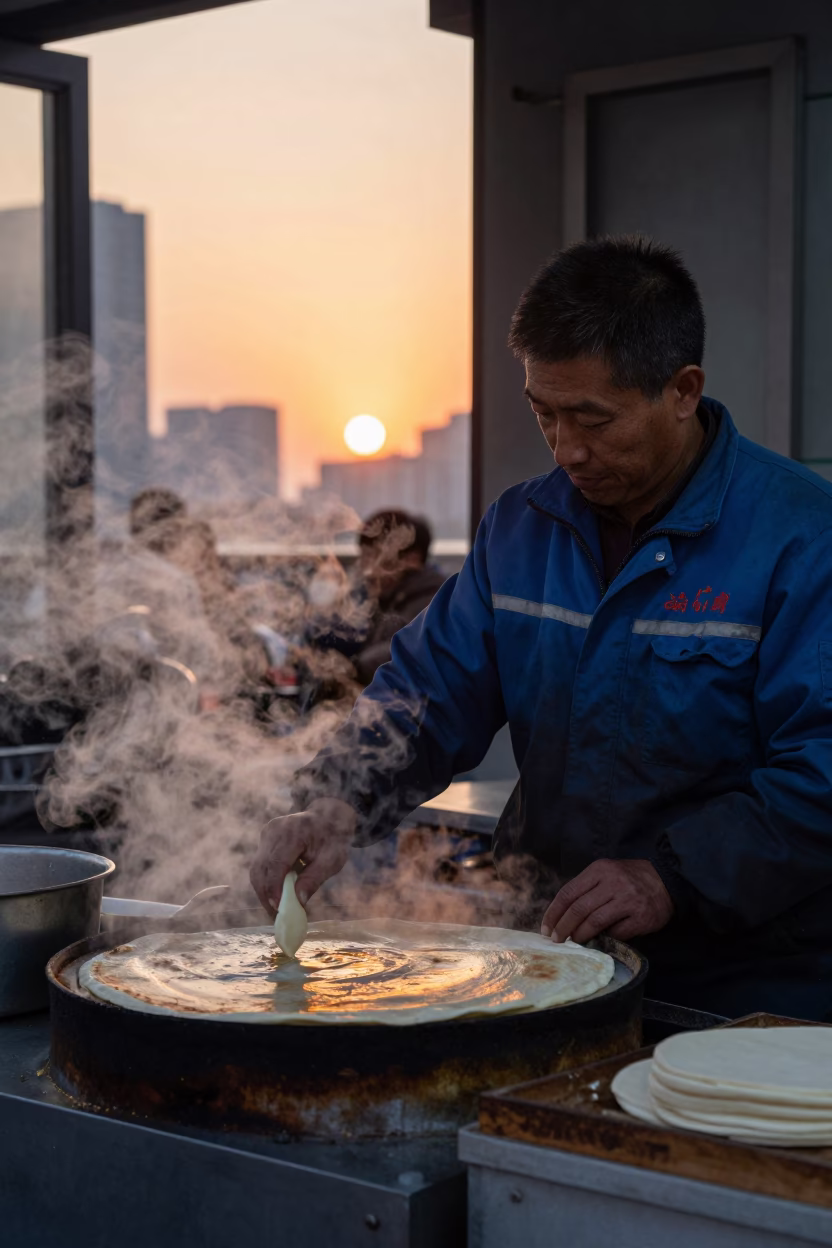 Shanghai Street Vendor Cooking Flatbread at Sunset with Steam and Urban Background in in Shanghai, China