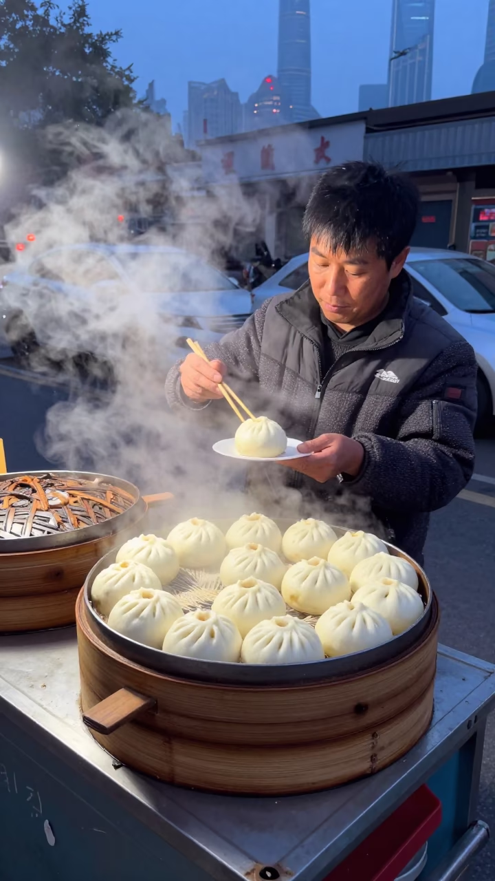 Shanghai Street Vendor Early Morning Steamed Buns and Tea Before Dawn in in Shanghai, China