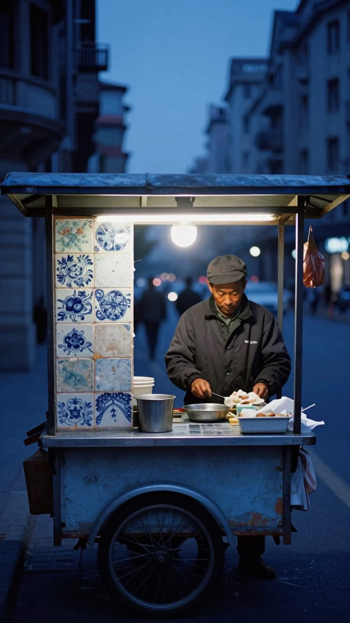 Shanghai Street Vendor Evening Blue Hour Ceramic Tiles and Nasi Goreng in in Shanghai, China