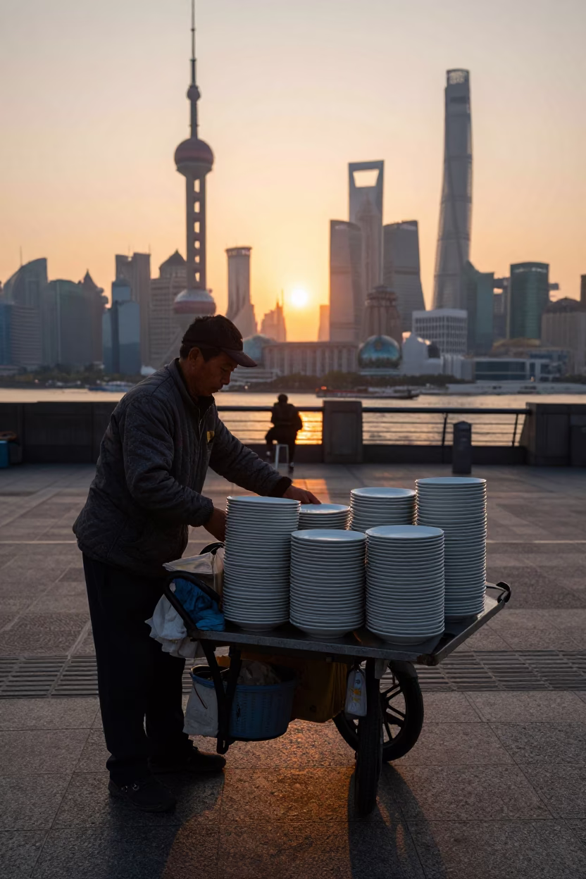 Shanghai Street Vendor Evening Scene with Stacked Plates and Clay Pots in in Shanghai, China