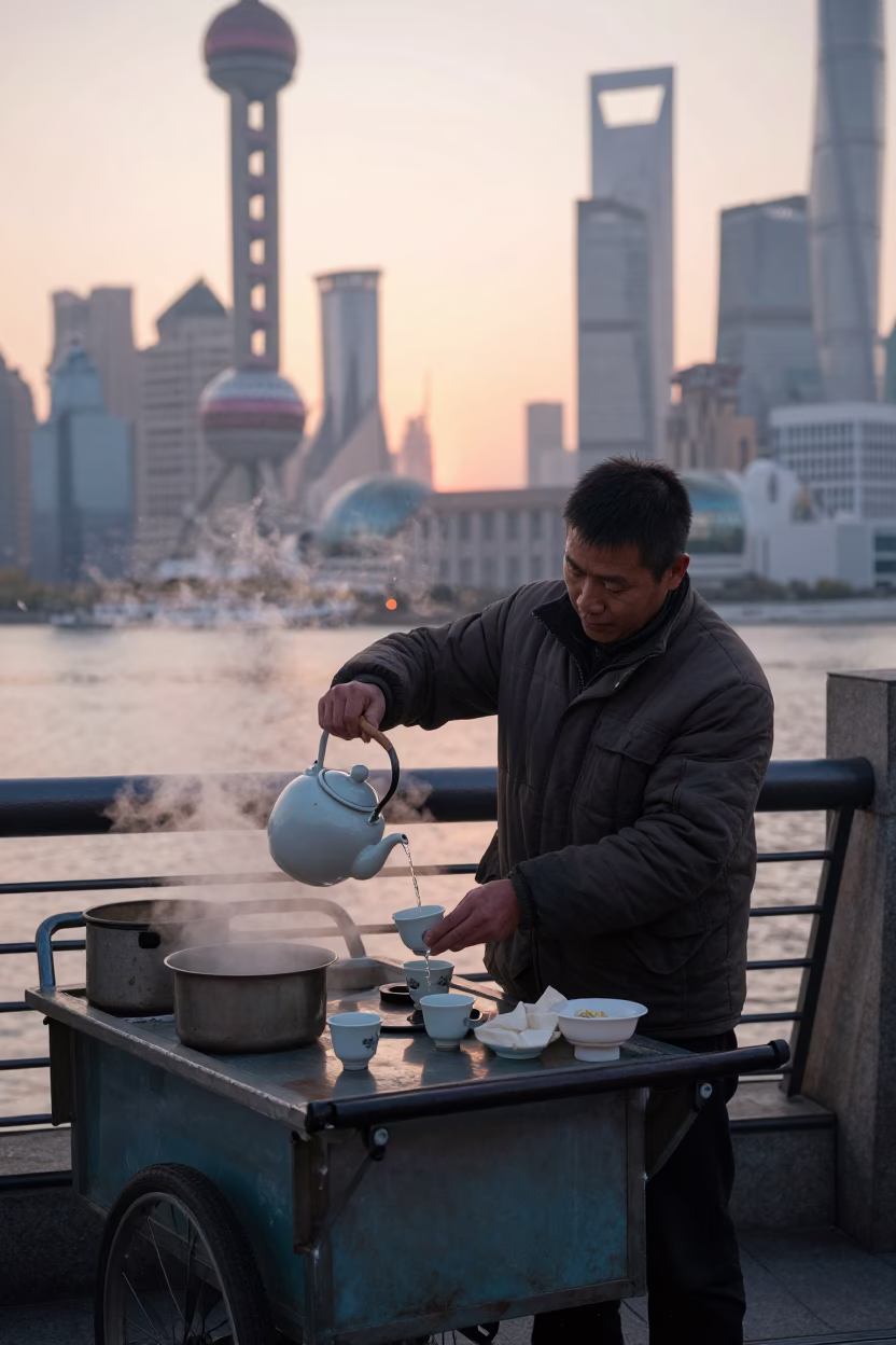 Shanghai street vendor morning light teapot steam nautical dawn in in Shanghai, China