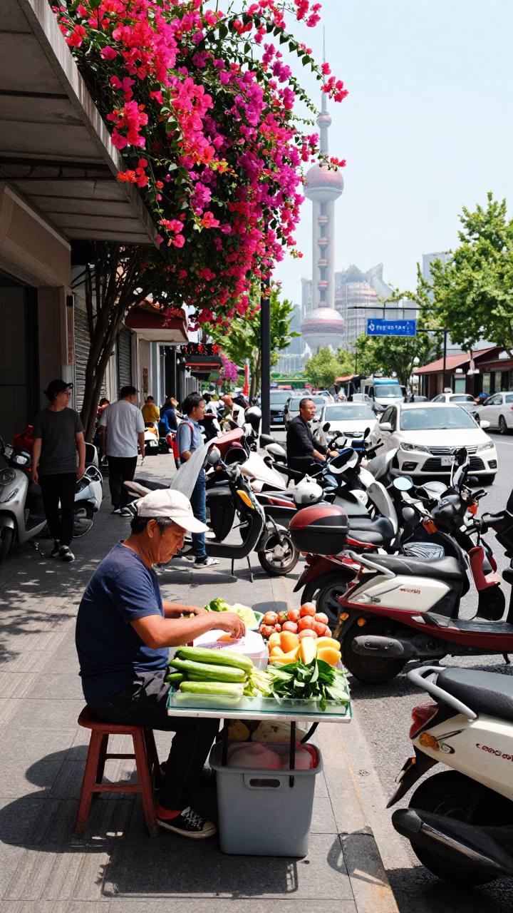 Shanghai Street Vendor Noon Bustle with Bougainvillea and Motorcycles in in Shanghai, China