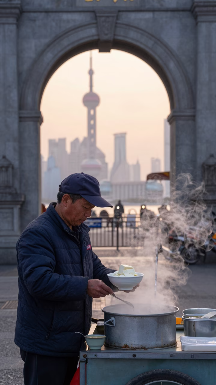 Shanghai Street Vendor Pre-Dawn Tofu Breakfast with Steam Rising Before Sunrise in in Shanghai, China