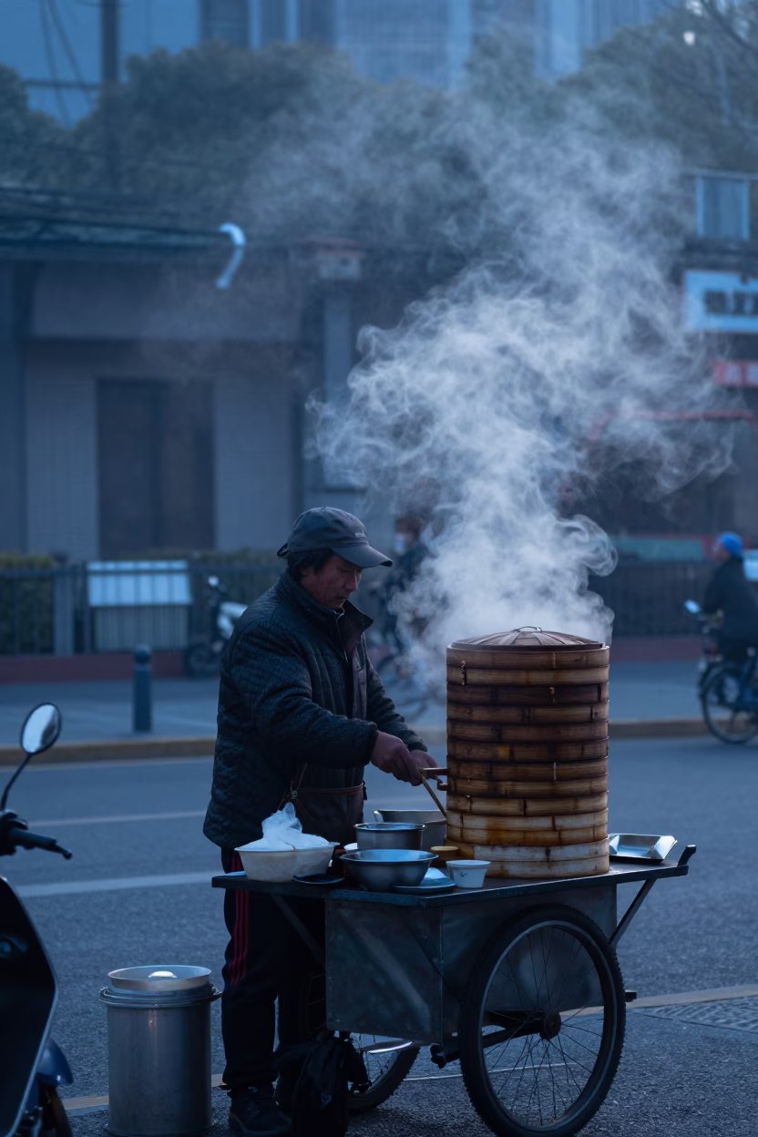 Shanghai Street Vendor Predawn Dawn Mist and Steam from Steamer Baskets in in Shanghai, China