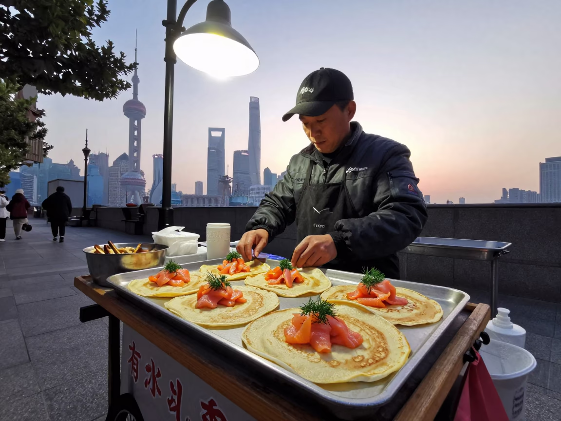 Shanghai Street Vendor Preparing Blini and Stinkhorn Mushroom for Early Morning Customers Before Dawn in in Shanghai, China
