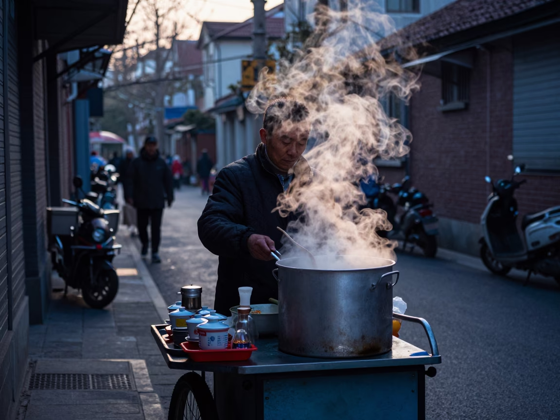 Shanghai street vendor preparing breakfast before sunrise with tea stains and tongs in in Shanghai, China