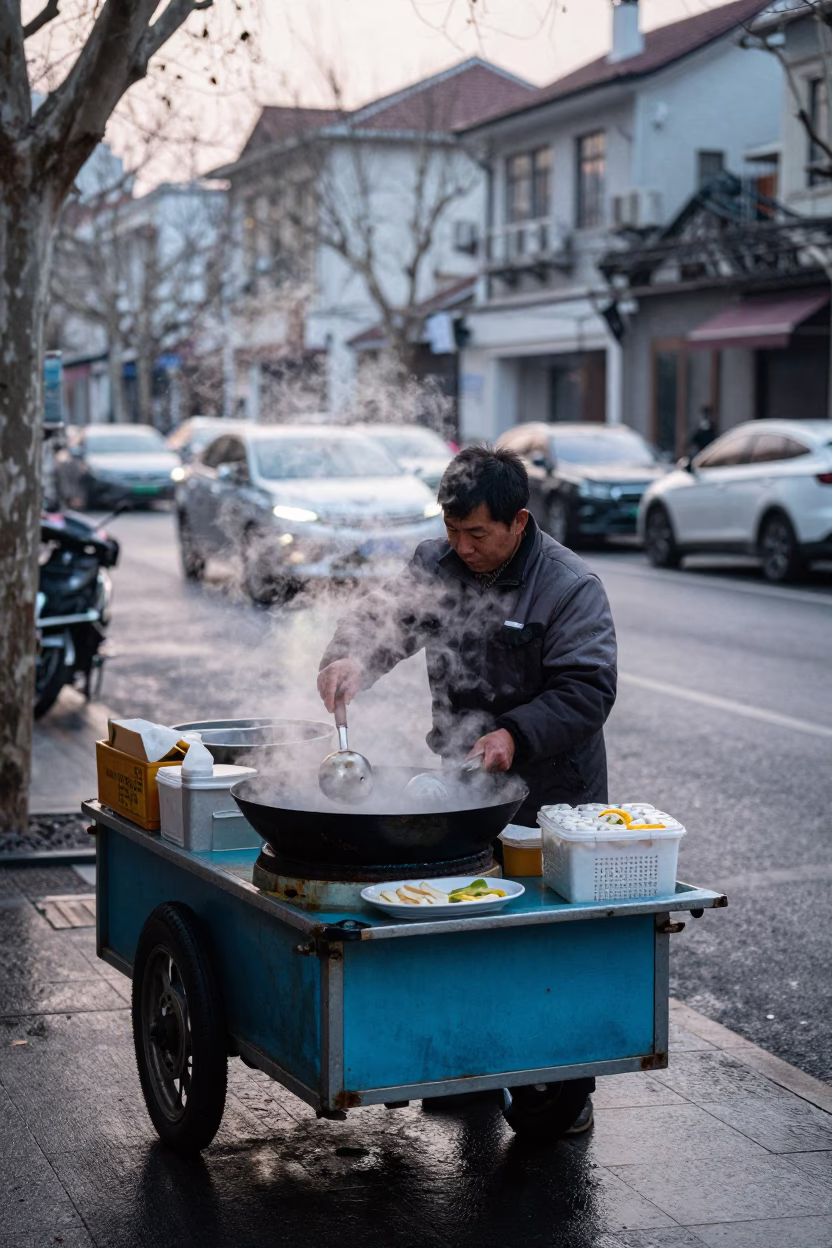 Shanghai street vendor preparing breakfast with blue and white porcelain jar before dawn in in Shanghai, China