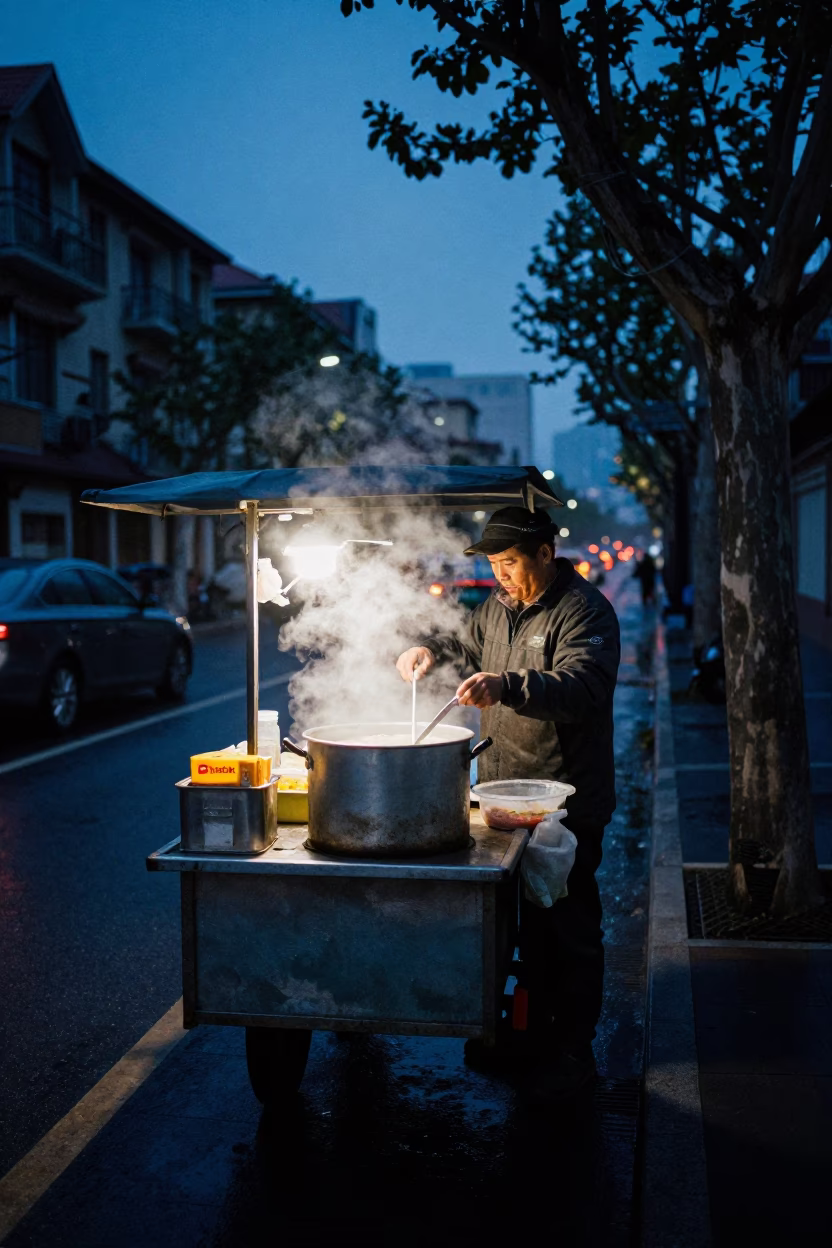 Shanghai Street Vendor Selling Congee in Predawn Darkness Before Work Rush in in Shanghai, China