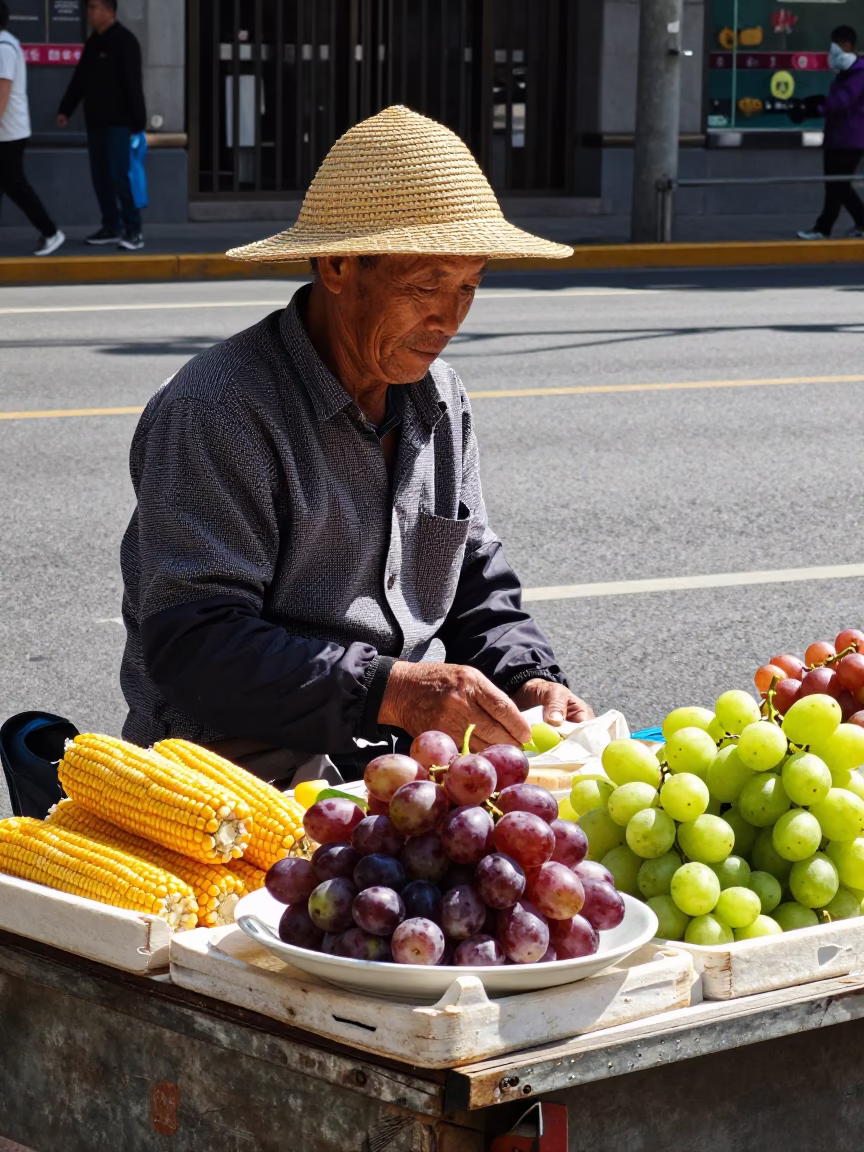 Shanghai Street Vendor Selling Corn and Grapes Under Flat Noon Sunlight in in Shanghai, China