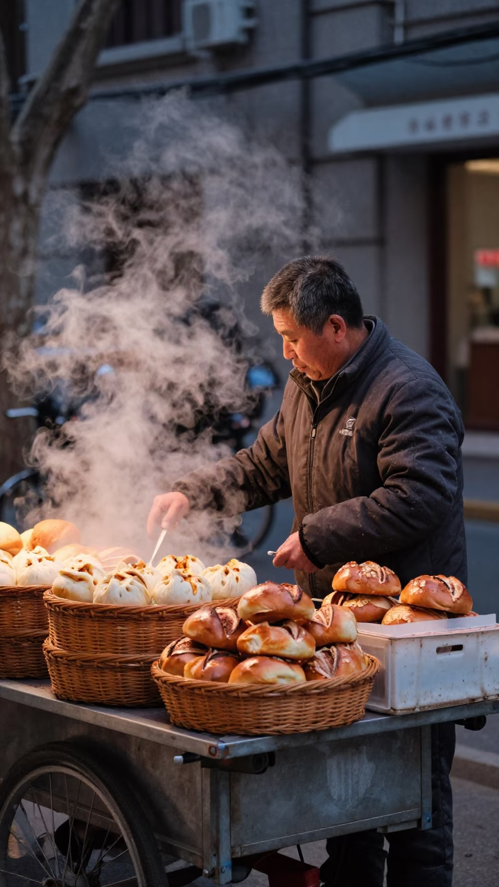 Shanghai street vendor selling fresh bread loaves in copper-toned dusk light in in Shanghai, China