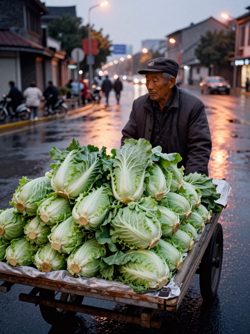 Shanghai street vendor selling fresh cabbages in early evening light in in Shanghai, China
