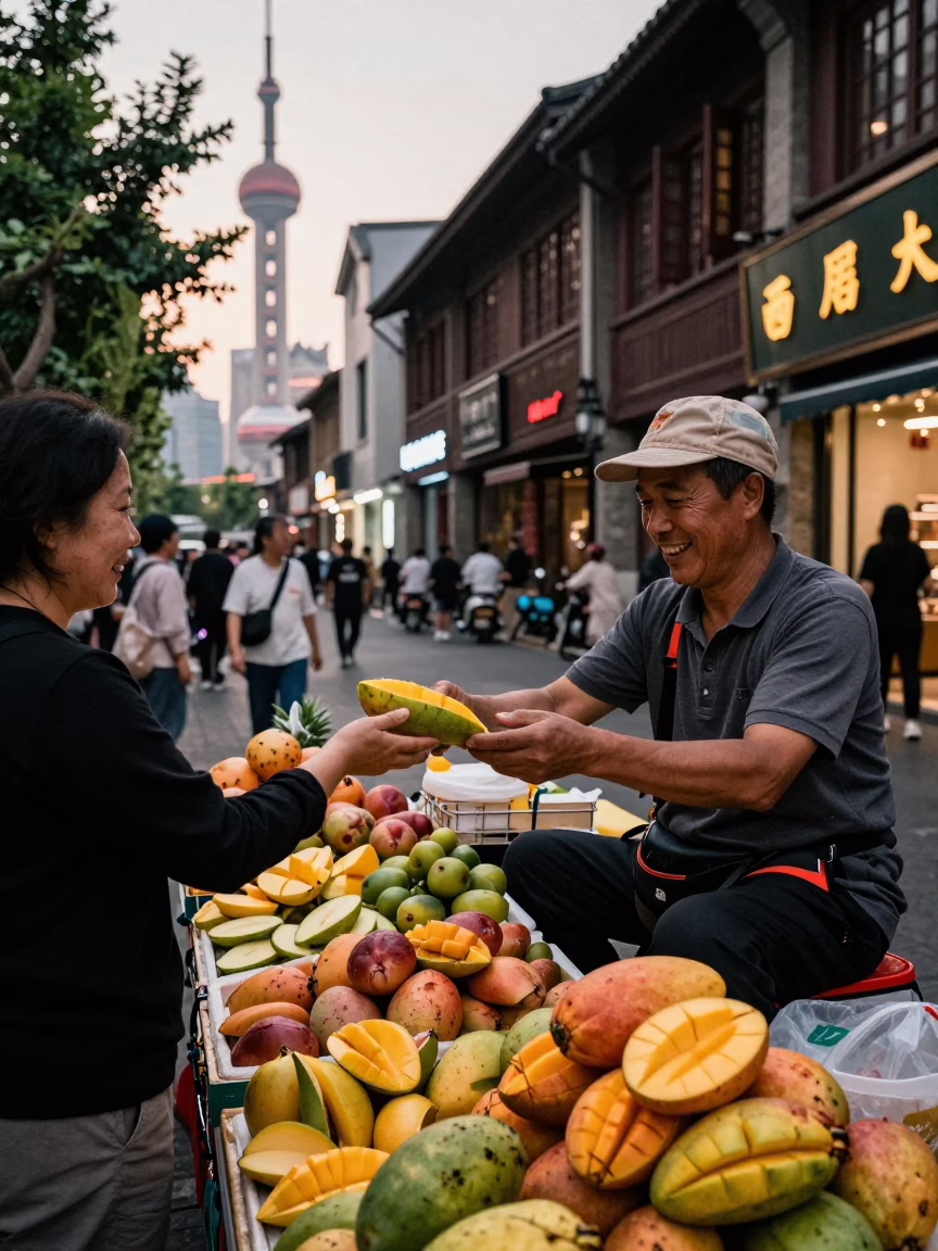 Shanghai Street Vendor Selling Fresh Fruit Before Dusk in Copper Light in in Shanghai, China