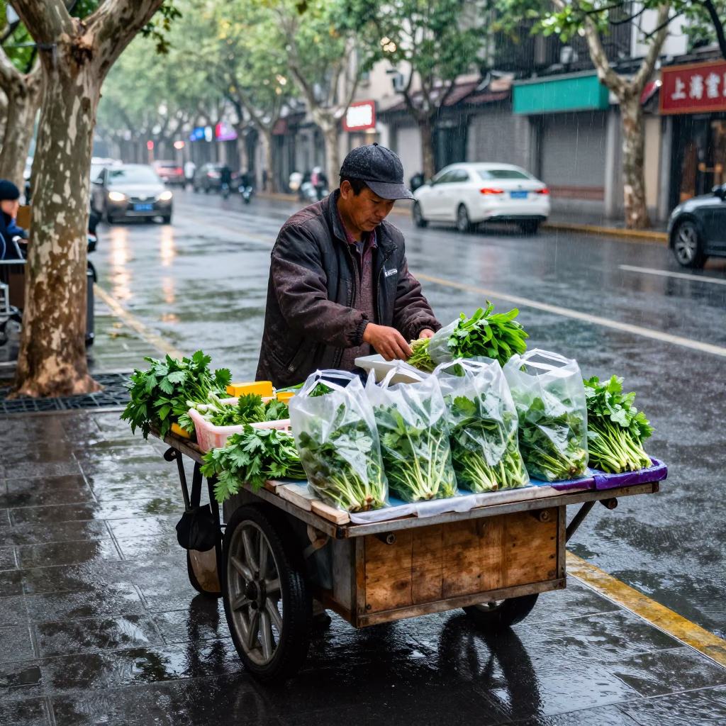 Shanghai Street Vendor Selling Fresh Herbs After Morning Rain in in Shanghai, China